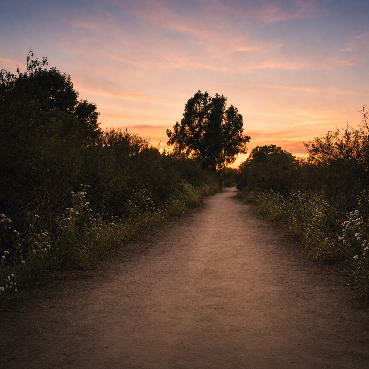 A sunlit path winding toward the horizon, symbolizing the journey from hardship to stability.